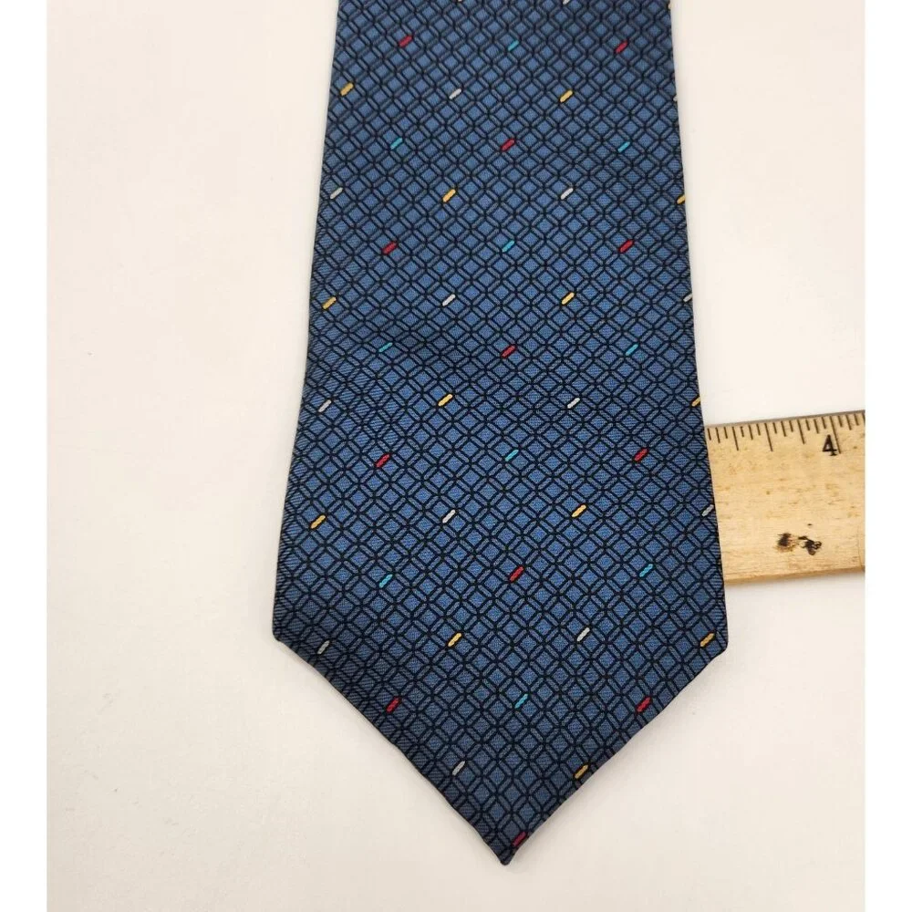 100% Silk Mens Tie by LD14‎ Made In Italy Blue Geometric